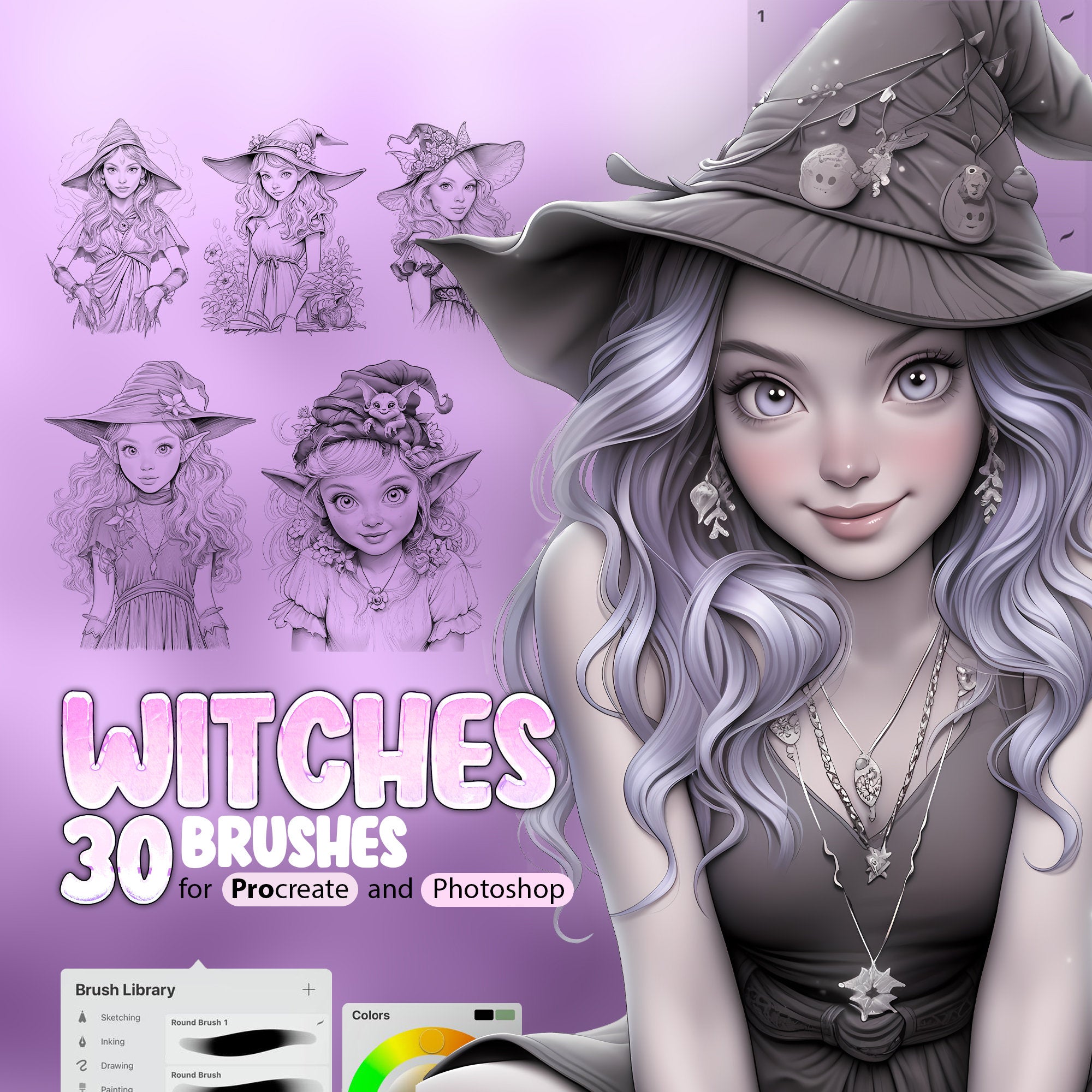 30 Witches Procreate Stamp Brushes, Magic Witch Girl Procreate, Cute Witch Woman Procreate Stamp Brush