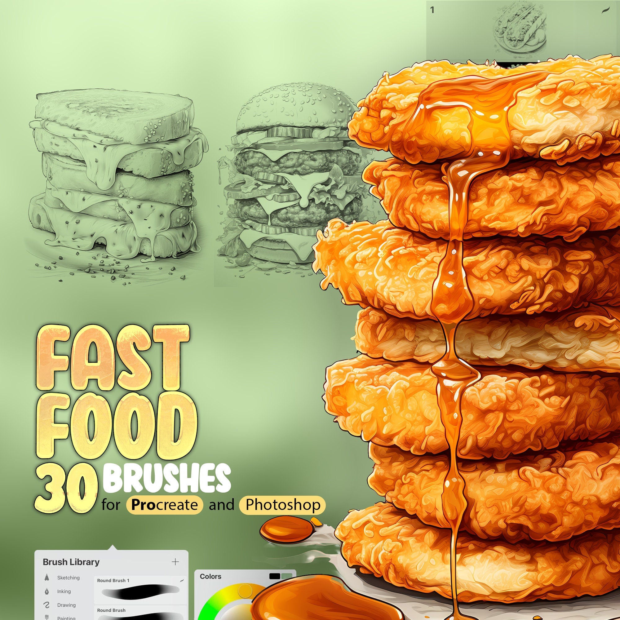 30 Fast Food Procreate Stamp Brushes, Burger, Hotdog, Tacos, Popcorn, French fries, Donuts, Food Procreate Brush