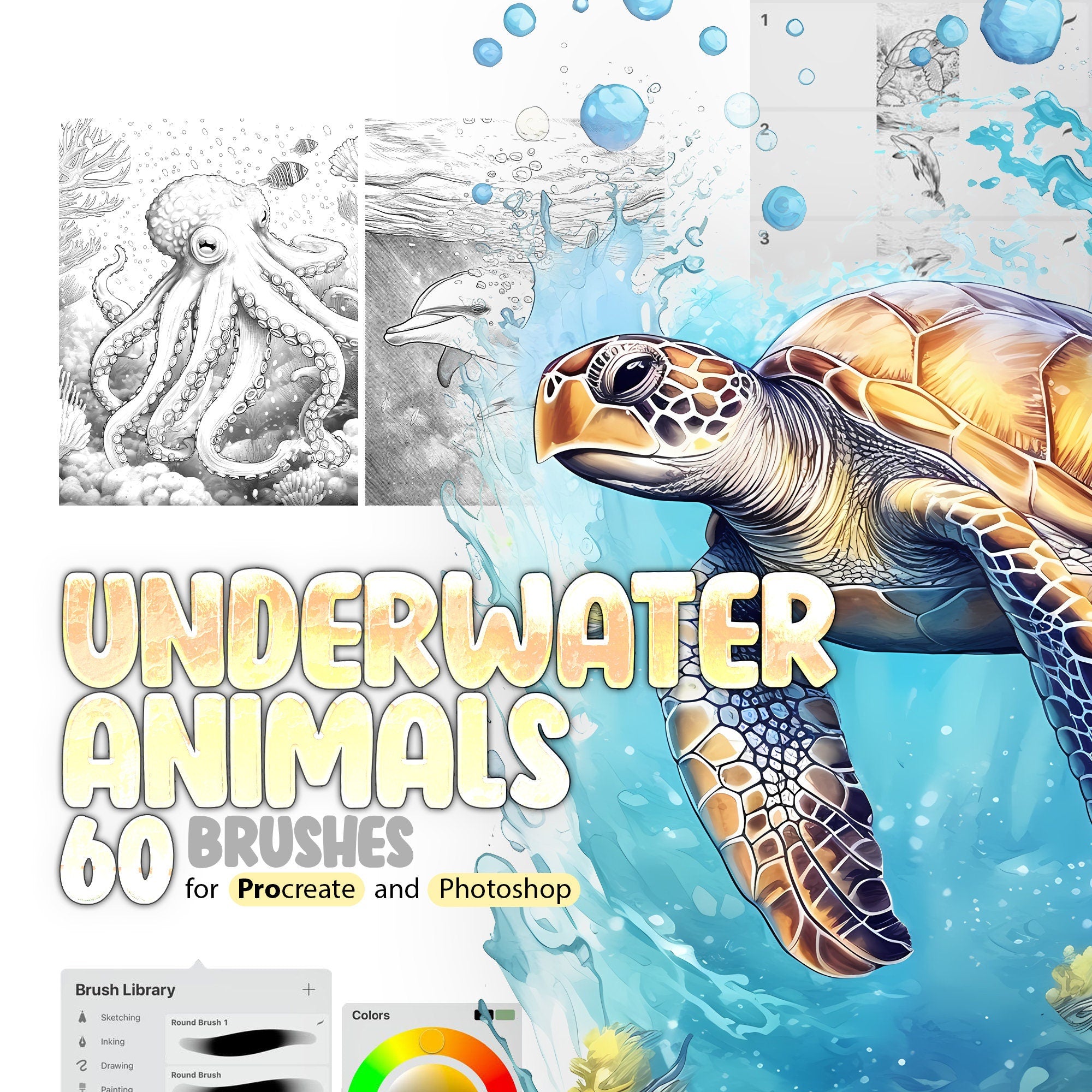 60 Underwater Animals Procreate Brushes, 60 Underwater Animals Photoshop Brushes, Sea Animals Stamp Brushes for Procreate, Ocean Animals