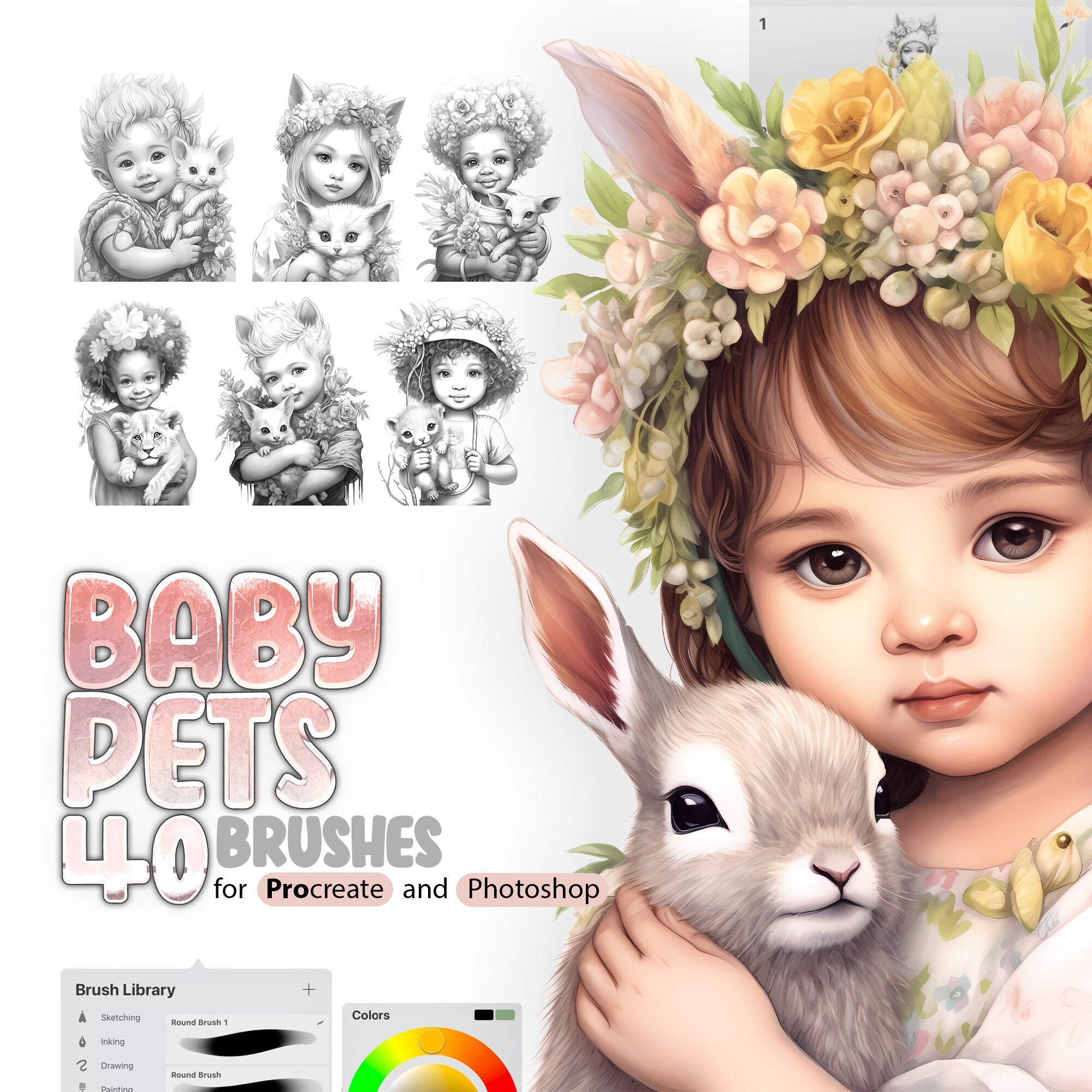 40 Baby with Pets Procreate Brushes, 40 Children with Pets Photoshop Brushes, Animals Stamp Brush for Procreate, Little Girls Procreate