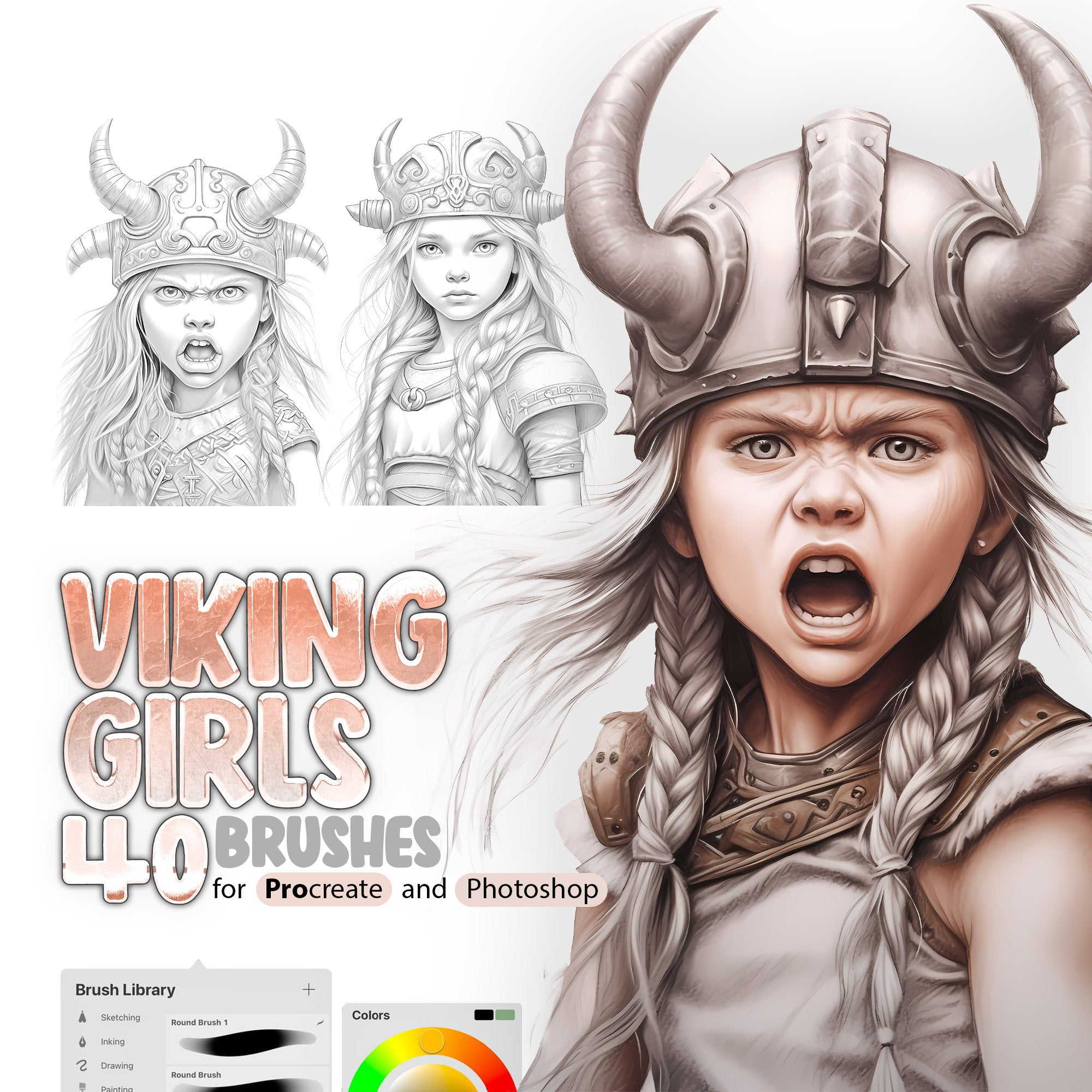 40 Viking Princesses Procreate Stamp Brushes, 40 Viking Princesses Photoshop Stamp Brushes, Realistic Viking Little Girls Brush