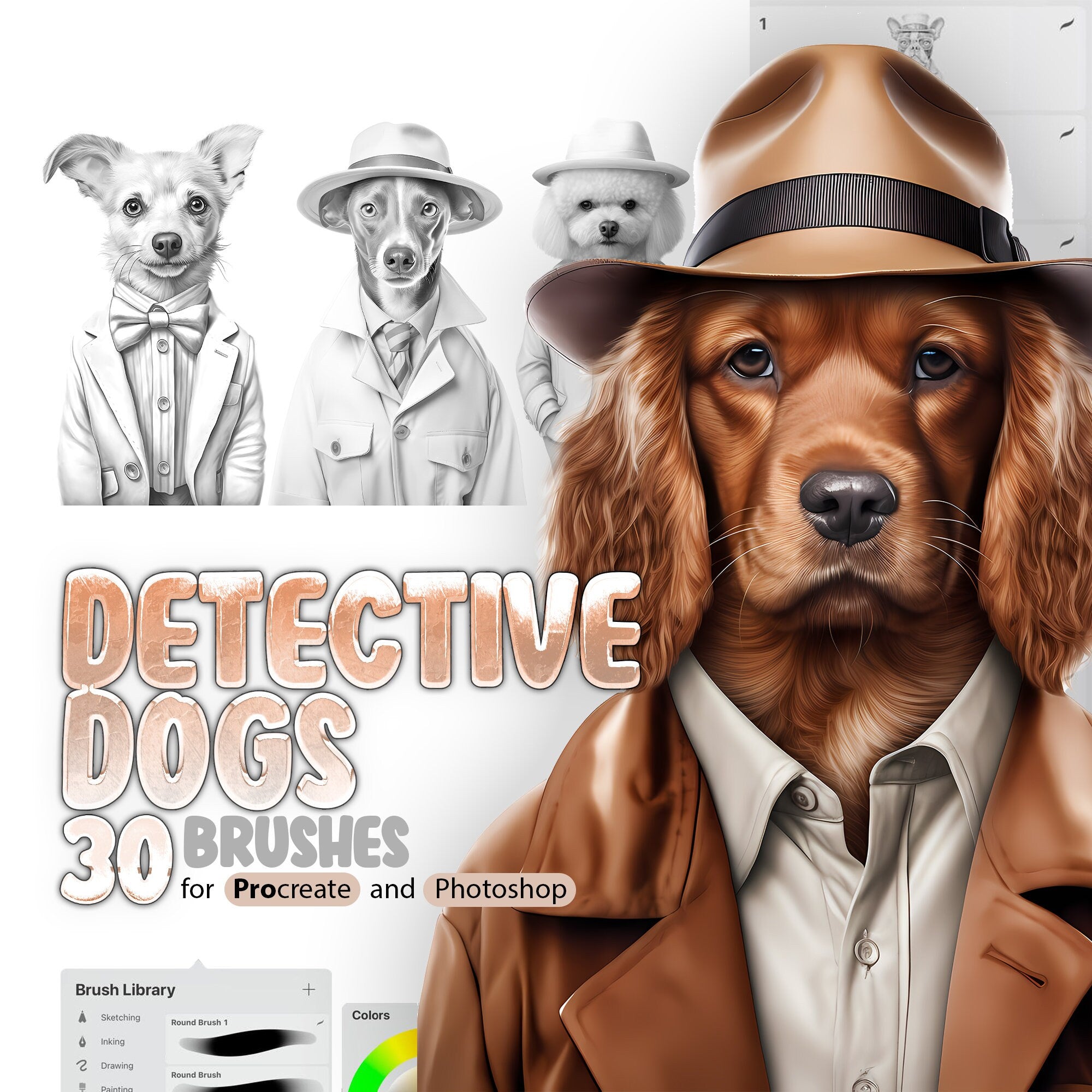 30 Detective Dogs Procreate Brushes, 30 Detective Dogs Photoshop Brushes, Fantasy Fashion Dogs Stamp Brushes for Procreate, Animals Brush