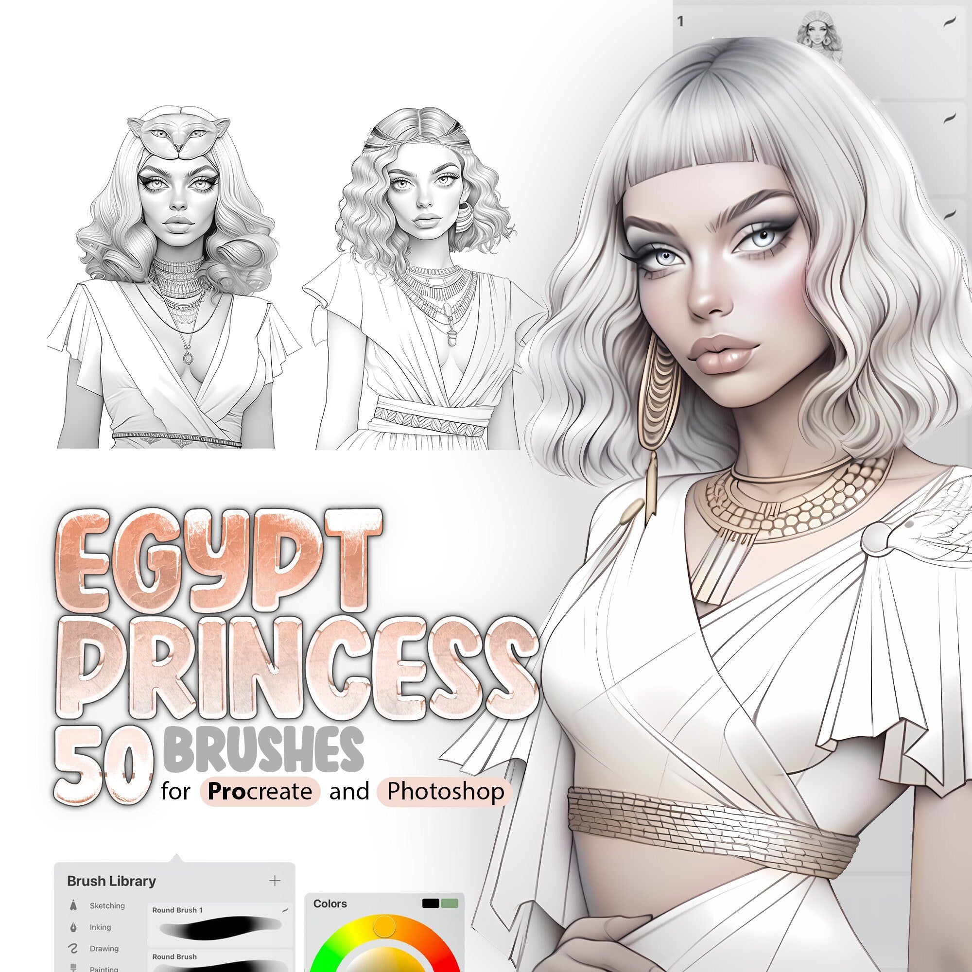 50 Egyptian Princess Procreate Brushes, 50 Egyptian Princess Photoshop Brushes, Nefertiti, Cleopatra, Nefertari, Tiye, Procreate brush