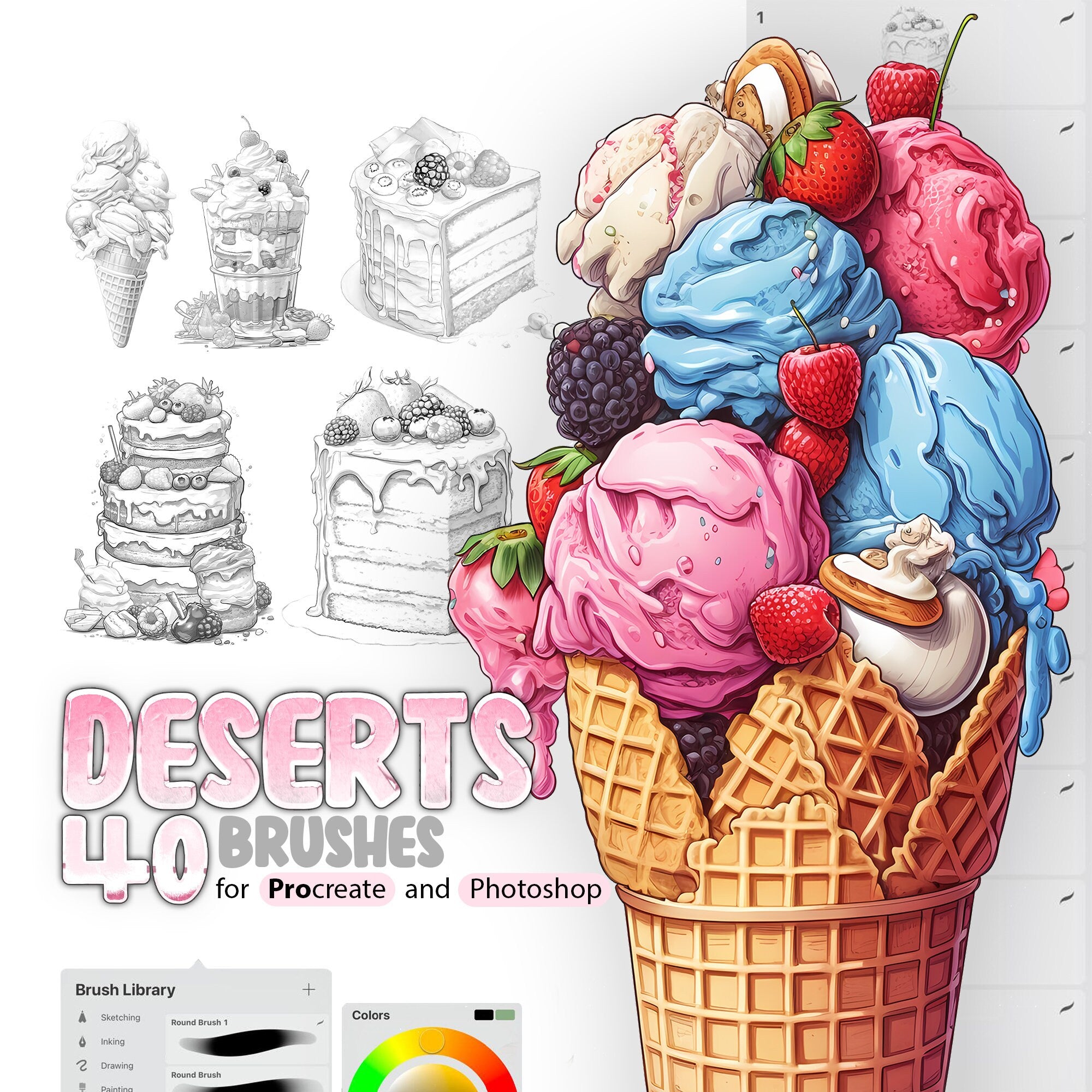 40 Deserts Procreate Brushes, 40 Deserts Photoshop Brushes, Fruits Ice cream Stamp Brushes, Cake, Cupcake brush for Procreate