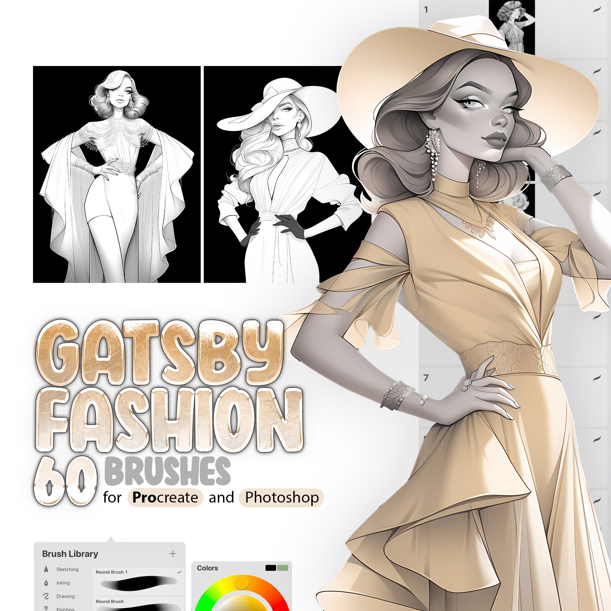 60 Gatsby Fashion Style Girls Procreate Stamp Brushes, Beautiful Women dressed 1920's vintage style Clothes Procreate Brush