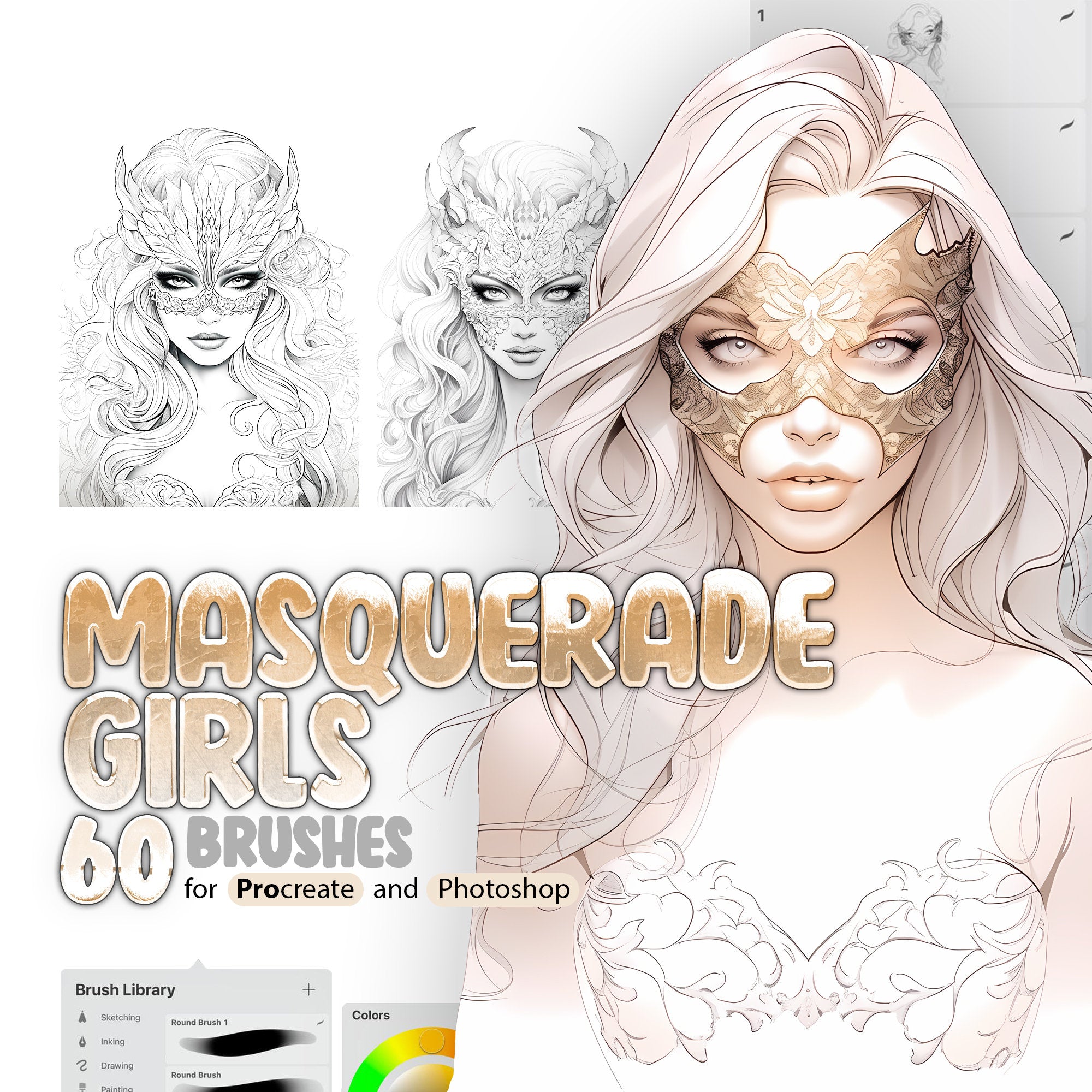 60 Masquerade Girls Procreate Stamp Brushes, Women with Carnival Masks Procreate Brush, Women Poses, Women Reference, Women Body