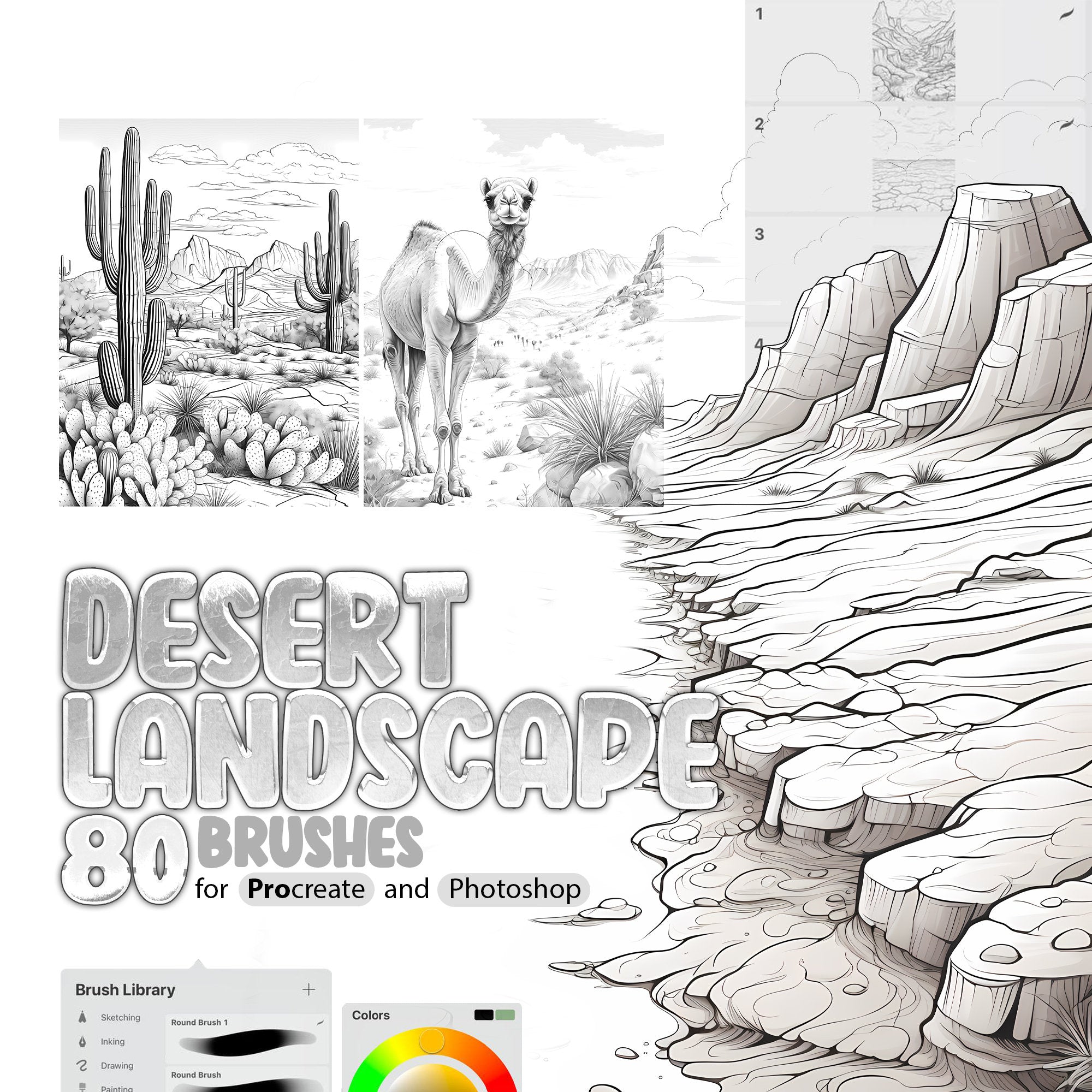 80 Desert Landscape Procreate Stamp Brushes, Nature Procreate Stamp, Desert Sketches Procreate