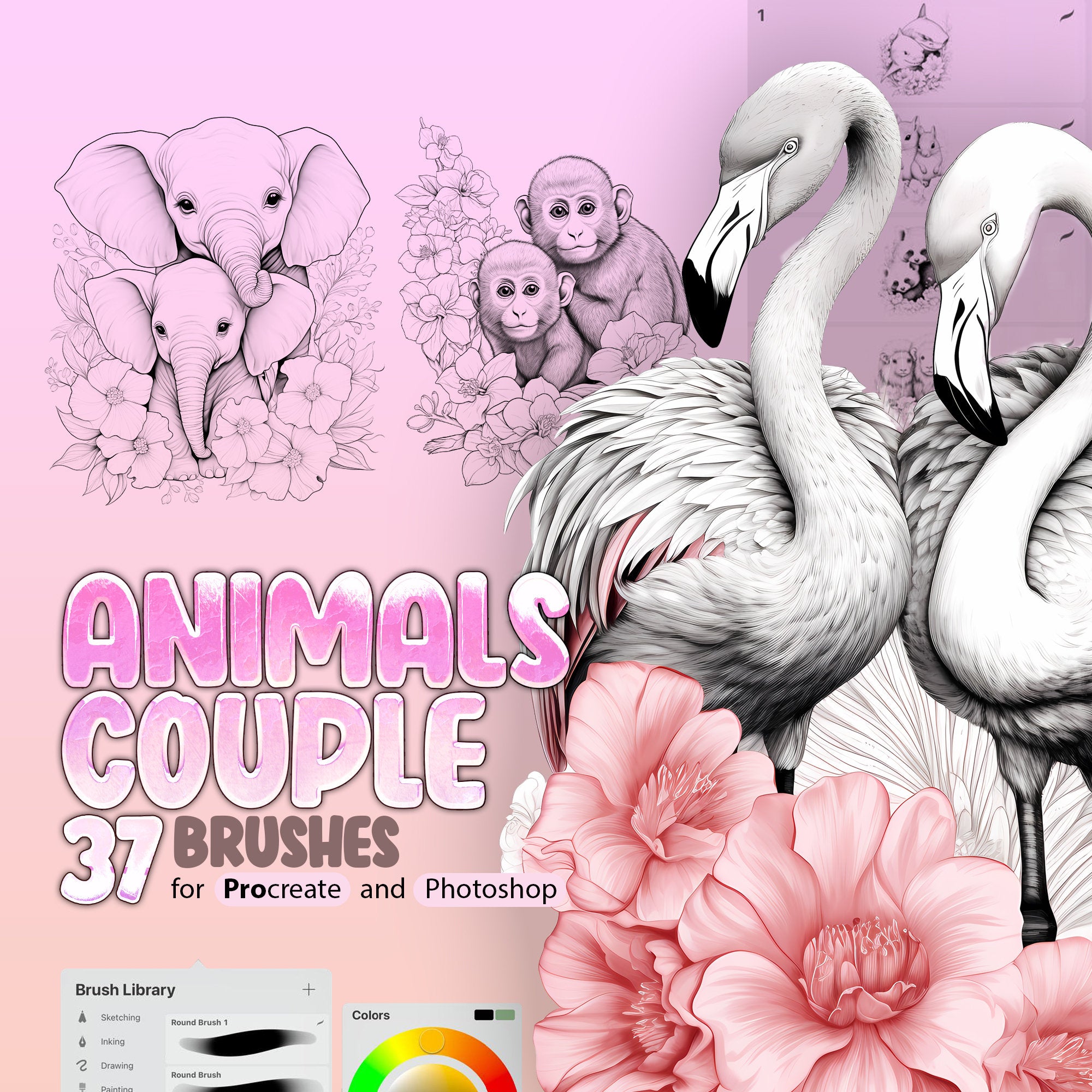 37 Animals Couple Procreate Stamp Brushes, Animal Friends Procreate Brush, Animals Family Procreate Brush, Giraffe, Elephant, Monkey, Panda