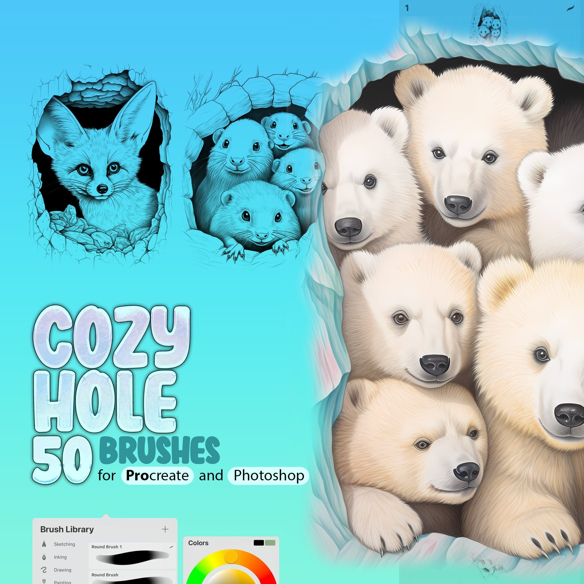 50 Cozy Hole Procreate Stamp Brushes, Animals Home Procreate, Animals House Procreate Brushes, Birds Procreate, Owl, Mouse, Bear, Frog