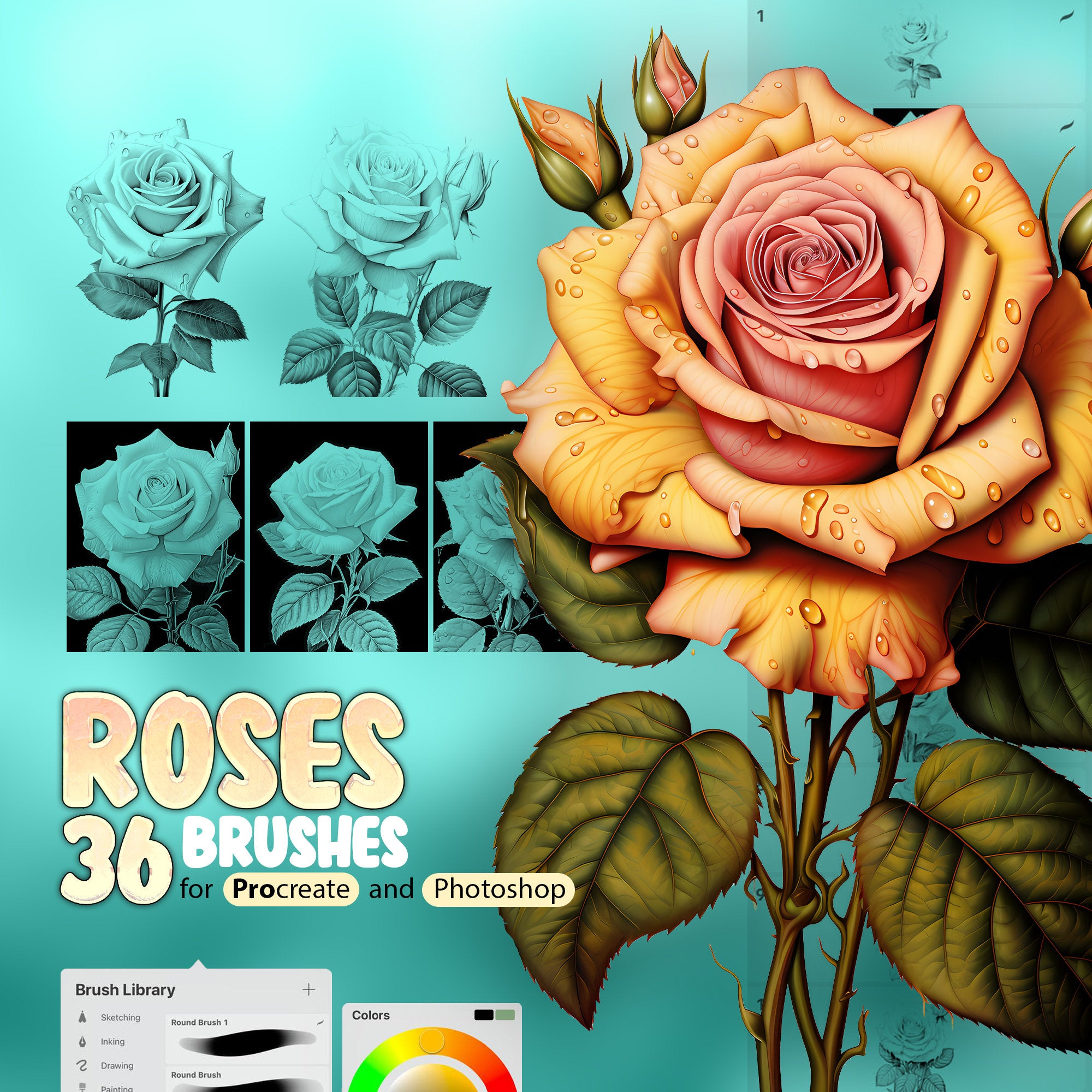 36 Roses Procreate Stamp Brushes, Procreate Flowers Stamp Brush