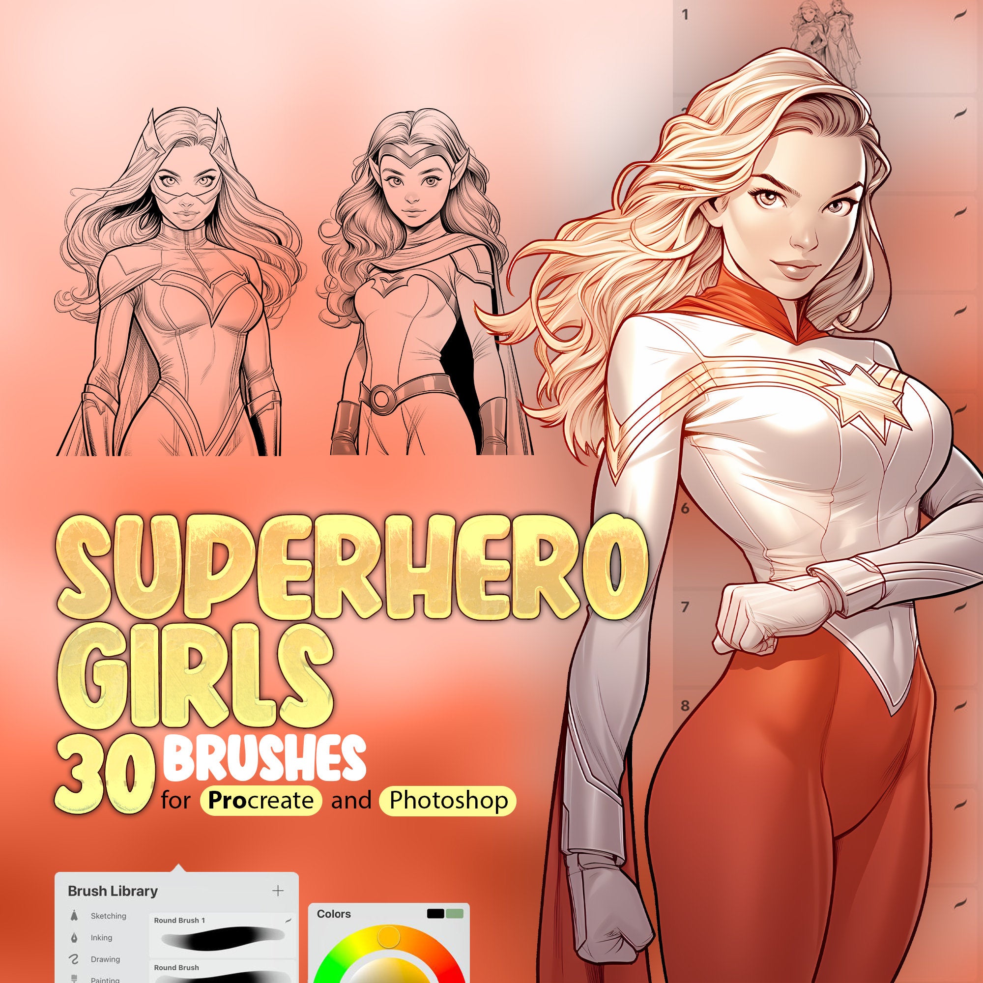 30 Superhero Girls Procreate Stamp Brushes, Procreate Superhero Women, Procreate Superhero Poses, Superhero Comic Procreate, Superhero Manga