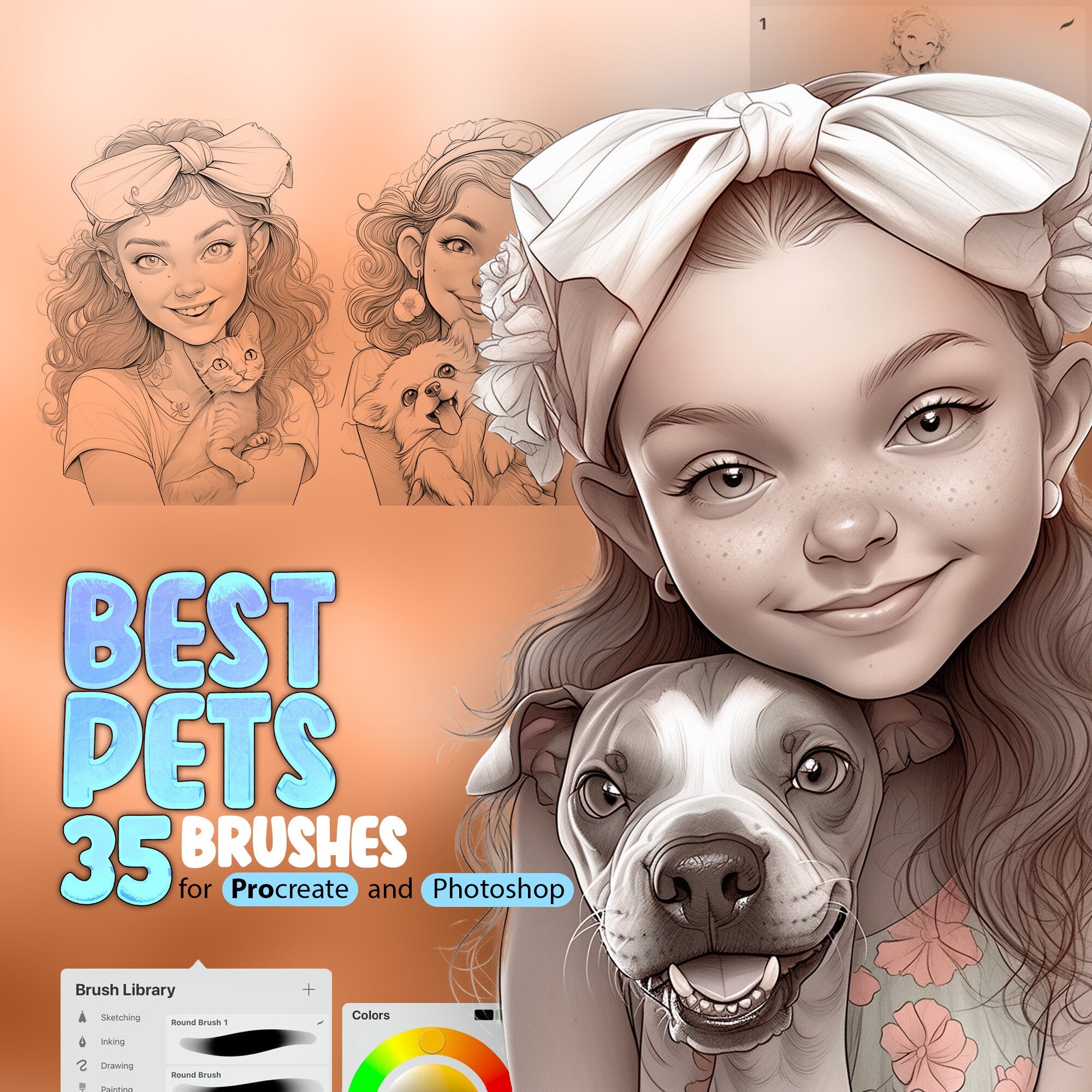 35 Best Friends - Pets Procreate Stamp Brushes, Girls with Pets Procreate, Pets Lover Procreate, Animals Procreate, Dog, Cat, Horse, Puppy