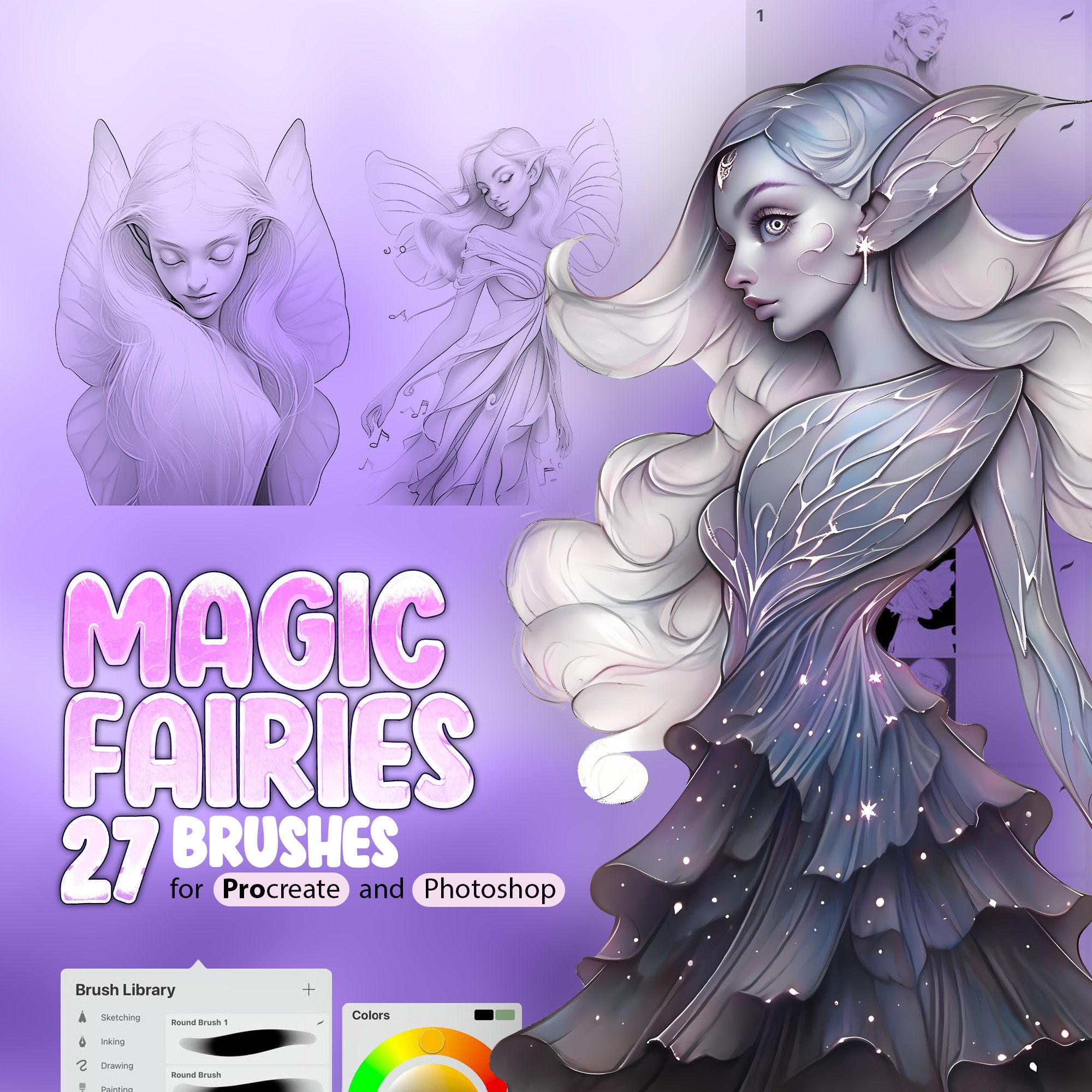 27 Magic Fairies Procreate Brush, Starlight Fairies Stamp Brush for Procreate, Fairy with Wings Procreate Stamps, Elf Procreate