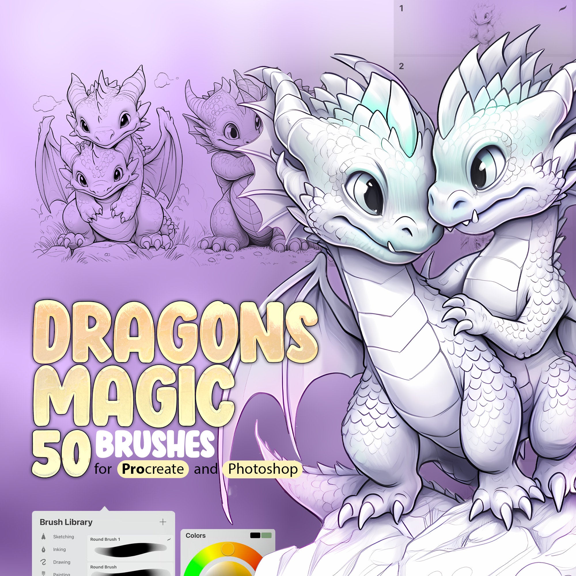 50 Dragonling Magic Procreate Stamp Brushes, Cute Dragon Life Procreate, Kawaii Dragon Family Procreate, Little Dragon Procreate Stamp Brush