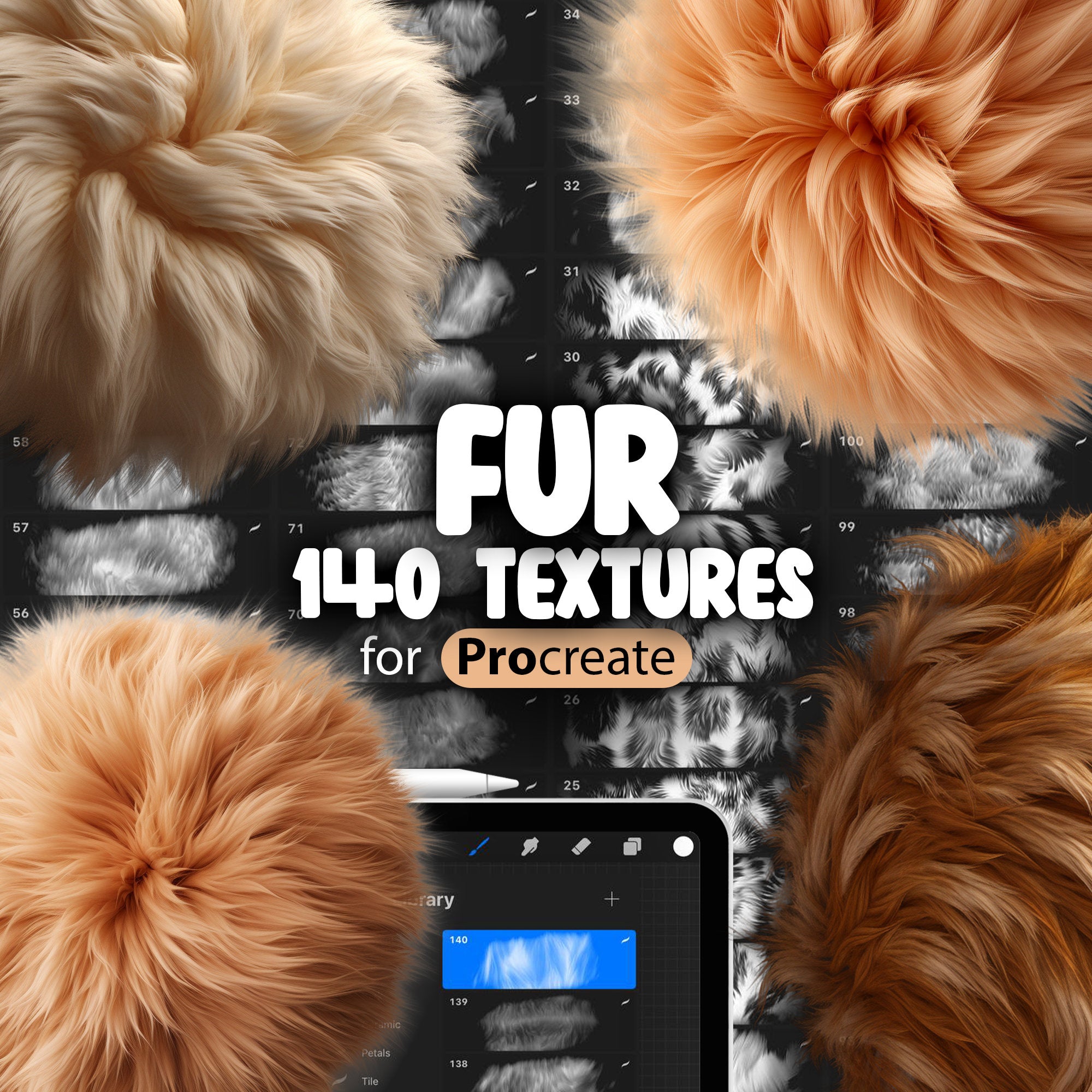 140 Procreate Fur Textures, Short-Haired Fur Procreate Texture Seamless Brushes, Long-Haired Fur Procreate Brush Texture, Woolly Fur