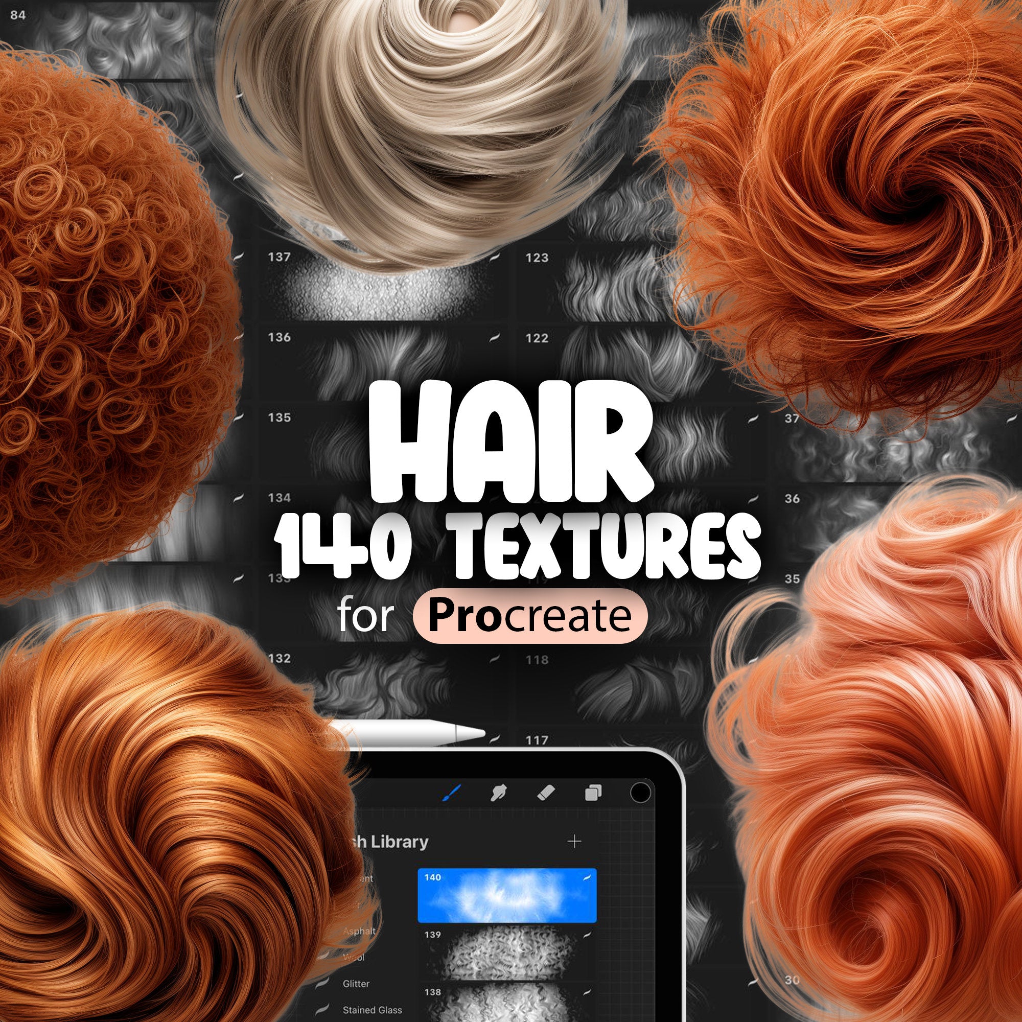 140 Procreate Hair Textures, Women Hair Procreate Texture Seamless Brushes, Straight Hair Texture, Wavy Hair, Frizzy Hair, Flyaway Hair