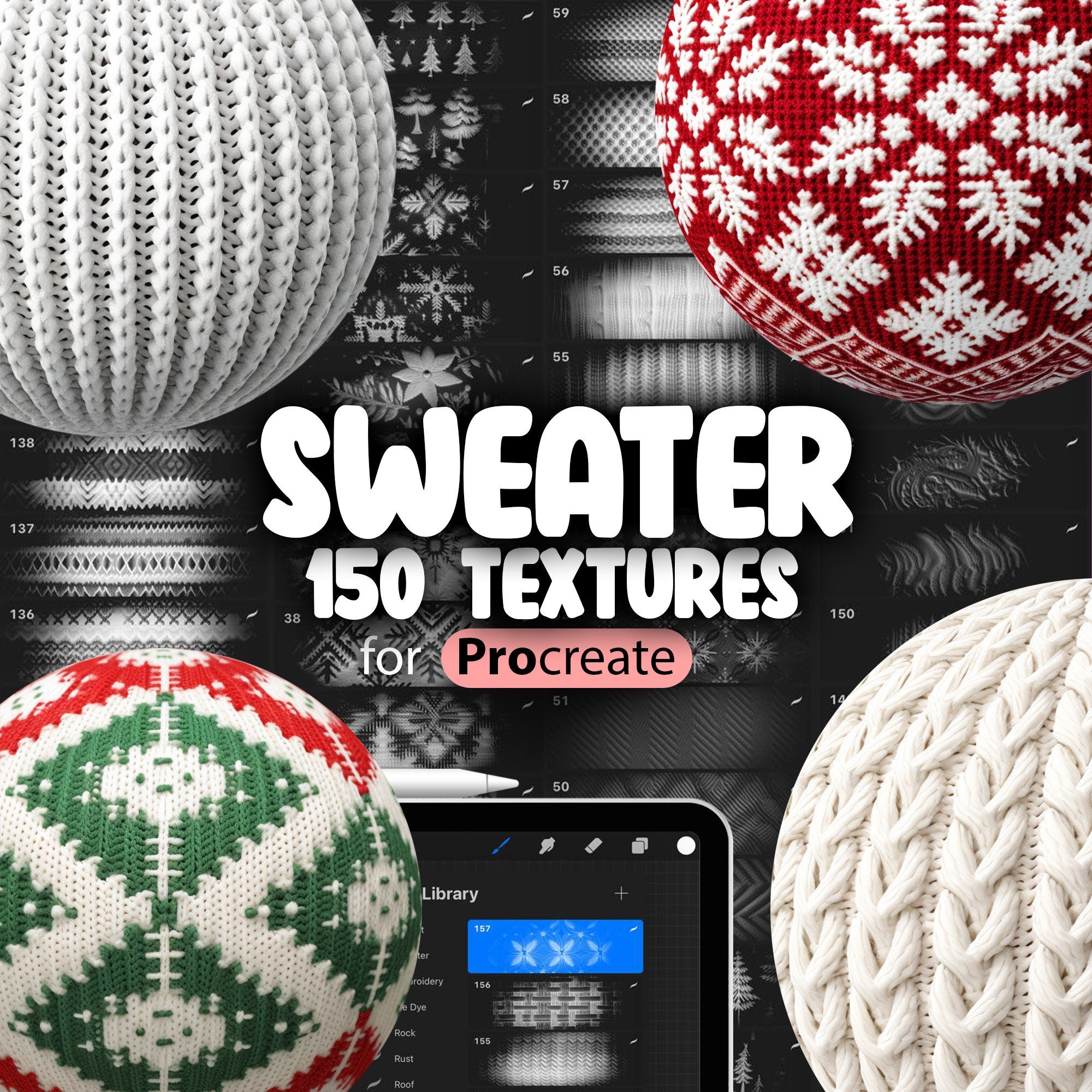 150 Procreate Sweater Textures, Sweater Embroidery Procreate Texture Seamless Brushes, Procreate Christmas Embroidery Patterned Textures