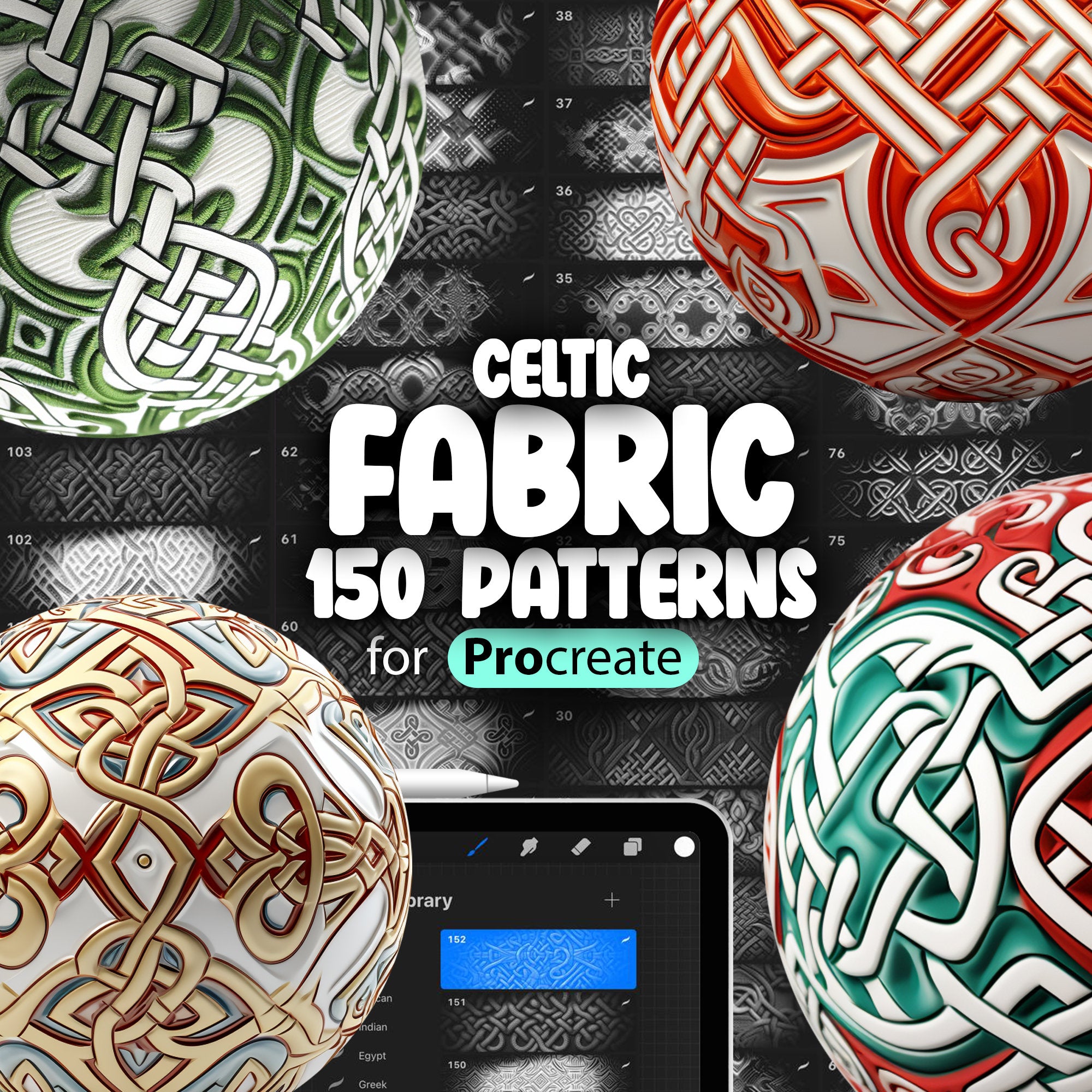 150 Procreate Celtic Patterns, Celtic Knotwork Fabric Procreate Texture Seamless Brushes, Procreate Celtic Cross Motifs Brush