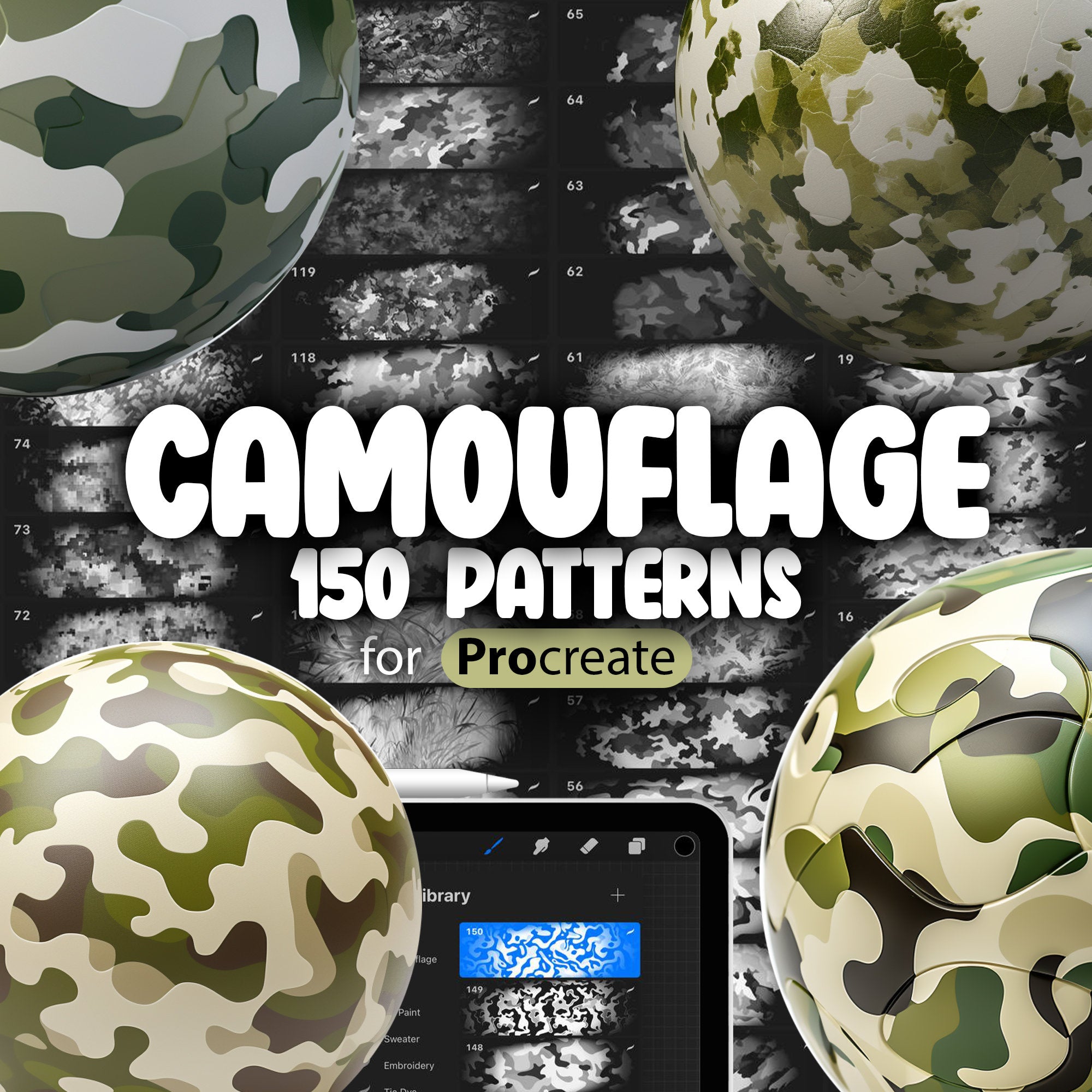 150 Procreate Camouflage Textures, Army Camouflage Procreate Pattern Seamless Brushes, Procreate Woodland Camouflage, Desert Camouflage