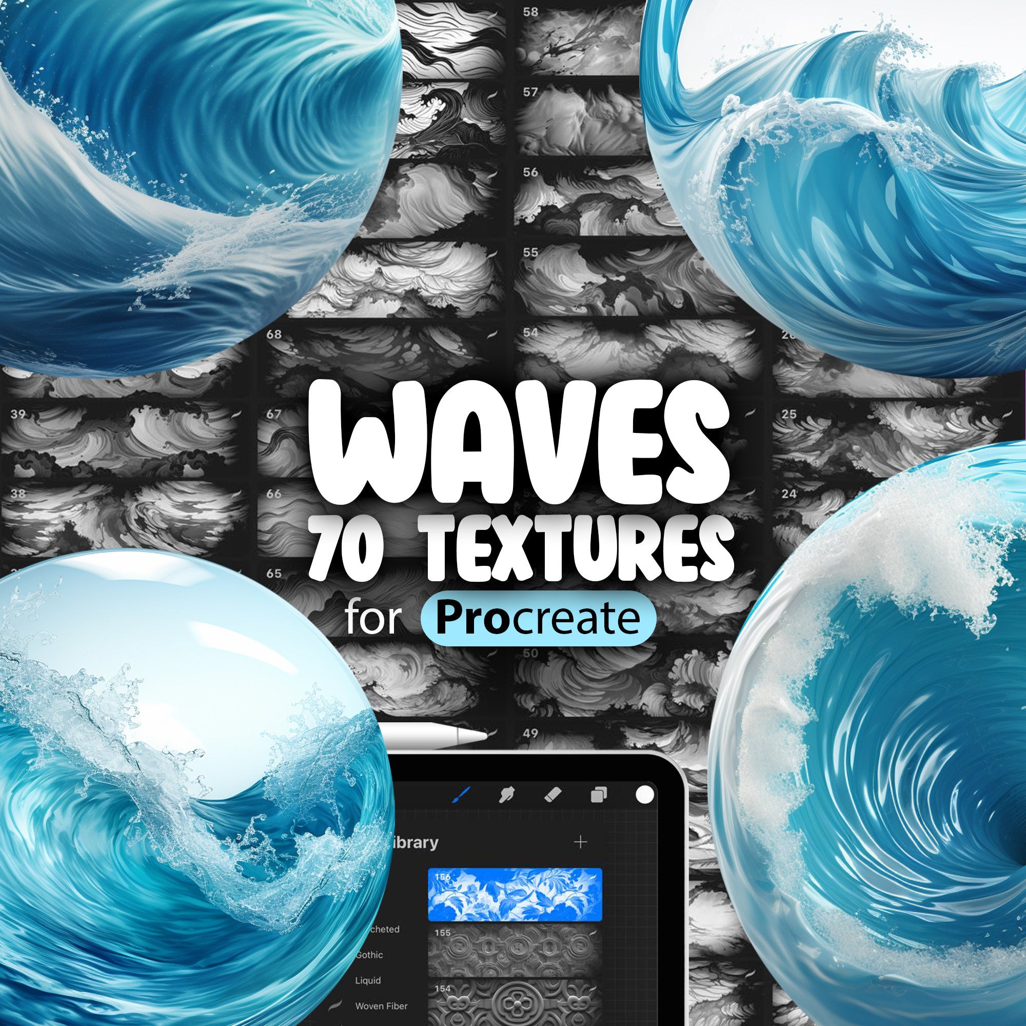 70 Procreate Waves Textures, Ocean Waves Procreate Pattern Seamless Brushes, Procreate Water Brush Texture