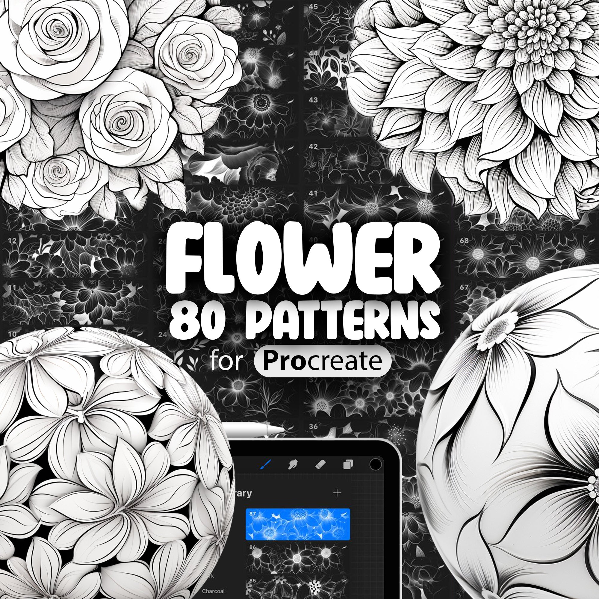 80 Procreate Flower Patterns, Rose Flowers Procreate Texture Seamless Brushes, Floral Patter Procreate Brush