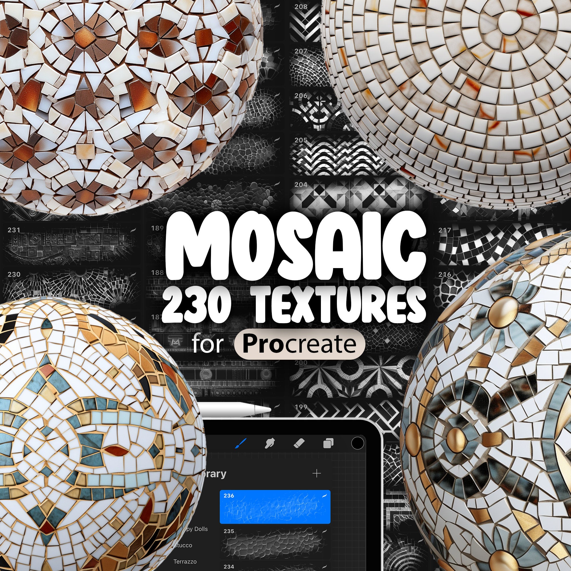 230 Procreate Mosaic Textures, Fresco Procreate Seamless Pattern Brushes, Mural Procreate texture Brush, Roman Mosaic Procreate