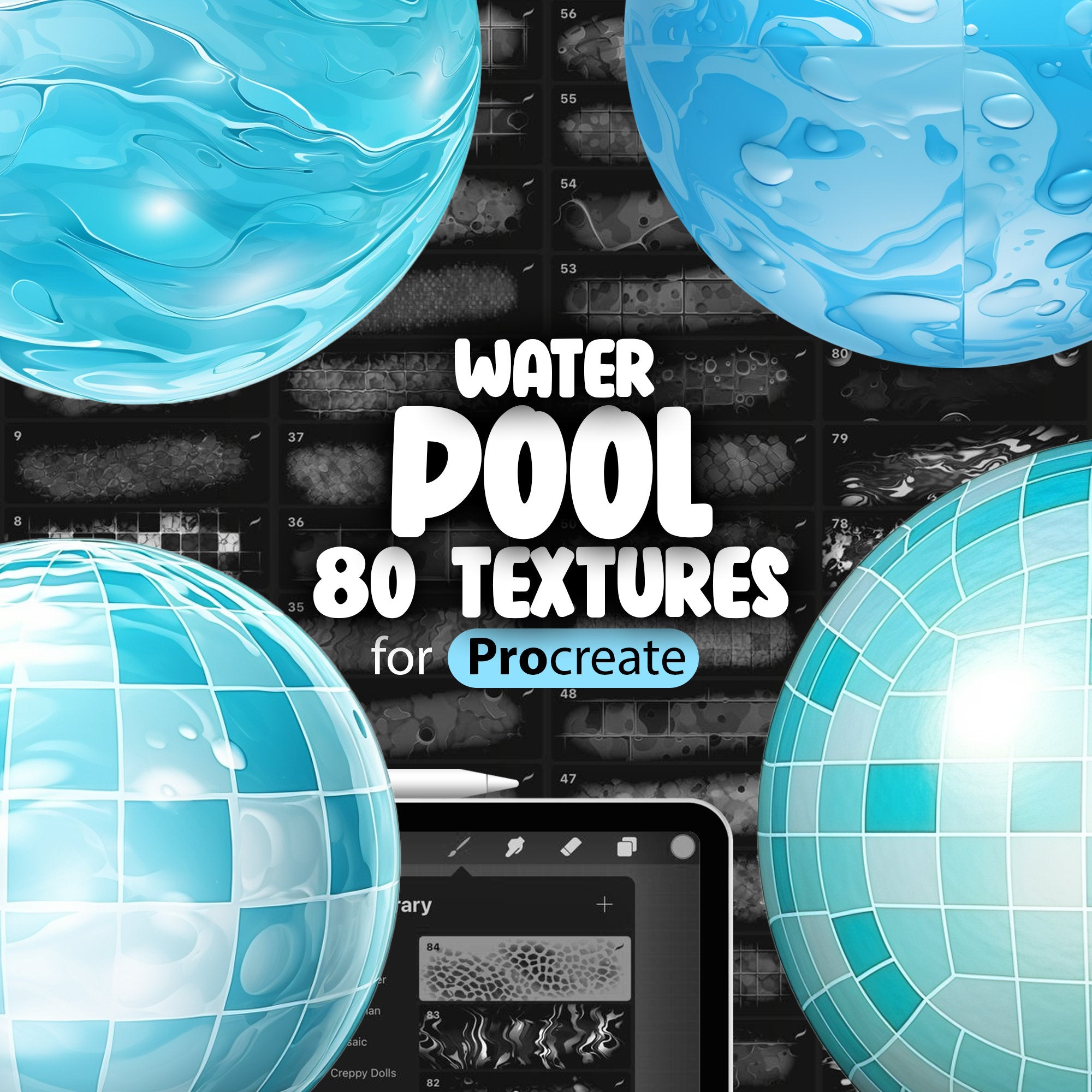 80 Procreate Pool Water Textures, Water Procreate Seamless Pattern Brushes, Reflections in Water Procreate Brush