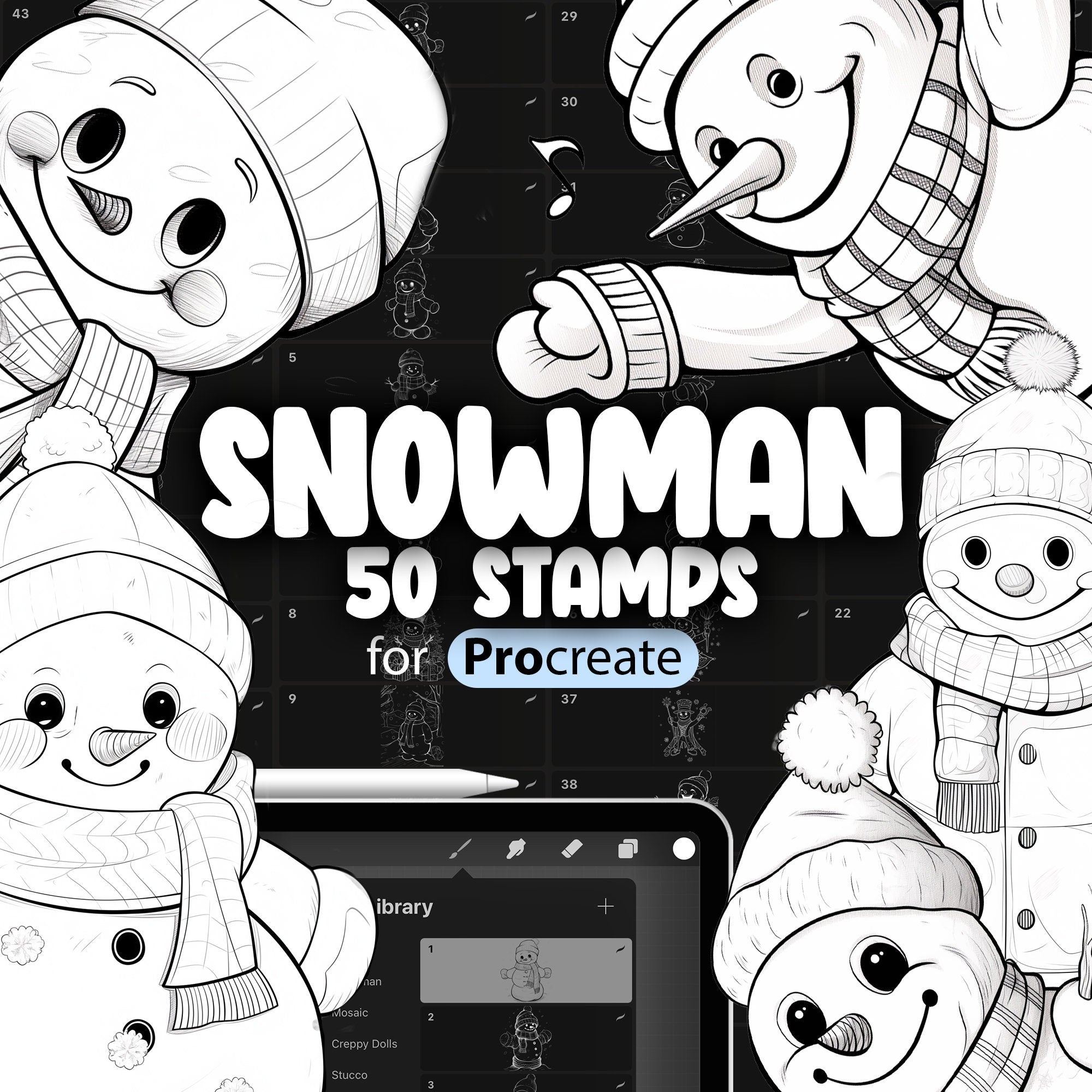 50 Procreate Snowman Stamps, Procreate Winter Stamp Brushes, Procreate Christmas Stamp Brushes, Procreate Xmas Stamp Brushes