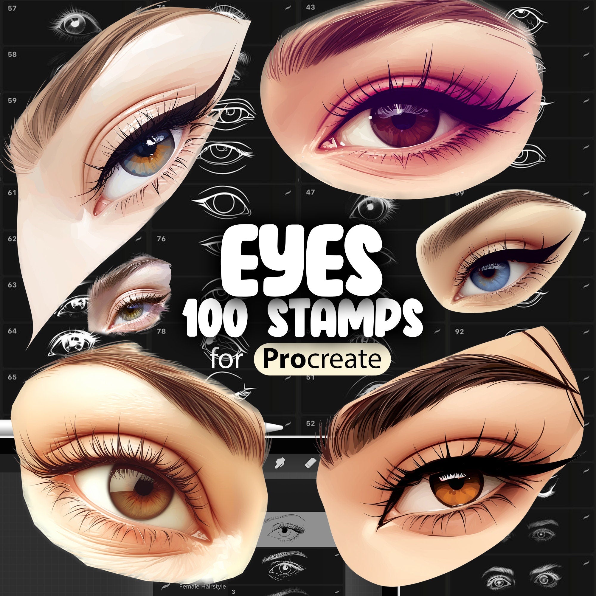 100 Procreate Eyes Stamp Brushes, Procreate Realistic Anime Eyes Stamps, Procreate Female Manga Eyes, Procreate Cartoon Eyes Stamps