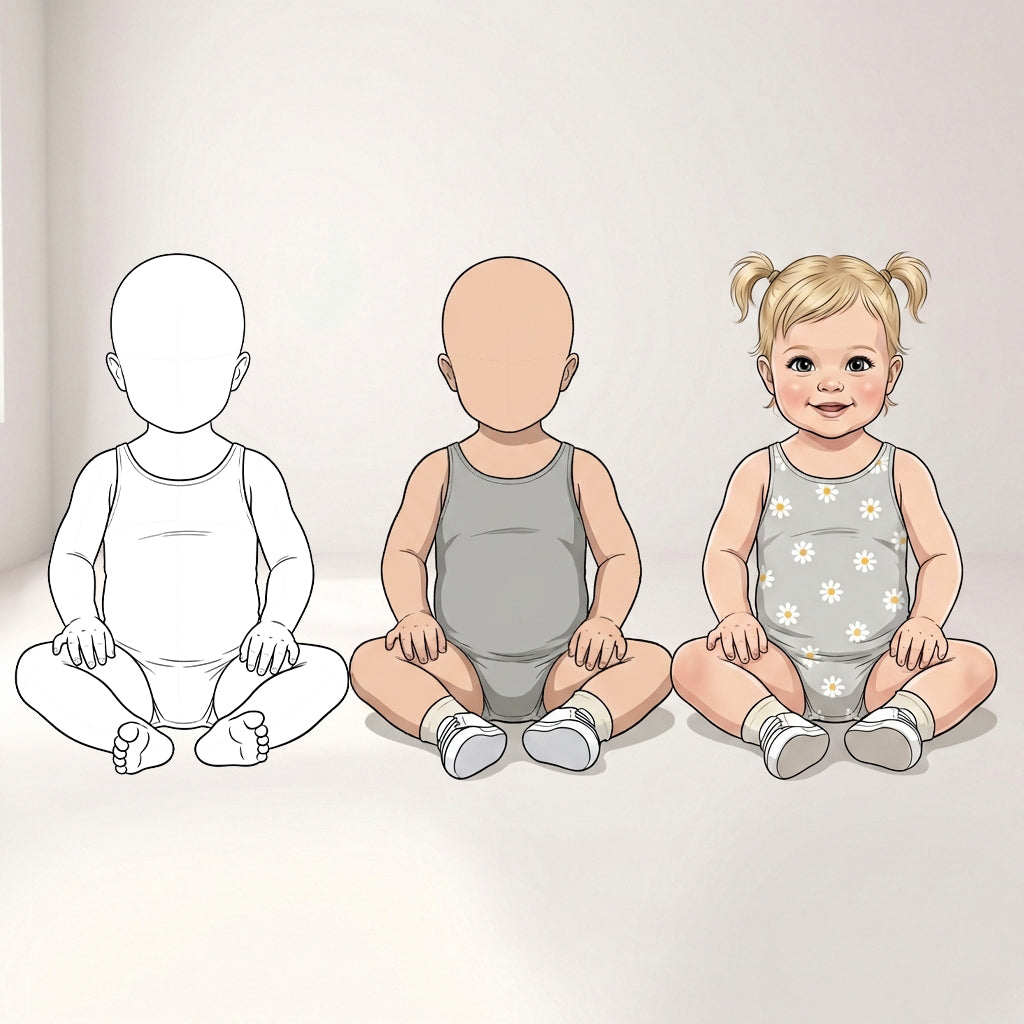 25 Procreate Toddler wearing Onesie Croquis Poses Stamps Brushes