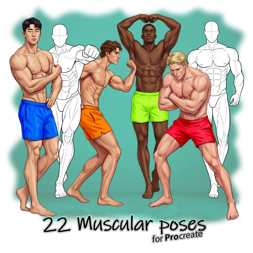 22 Procreate Male Fashion Muscular Croquis Poses Stamps Brushes
