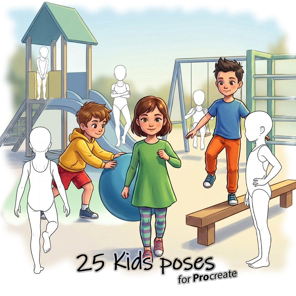 25 Procreate Kids Croquis Poses Part-2 Stamps Brushes