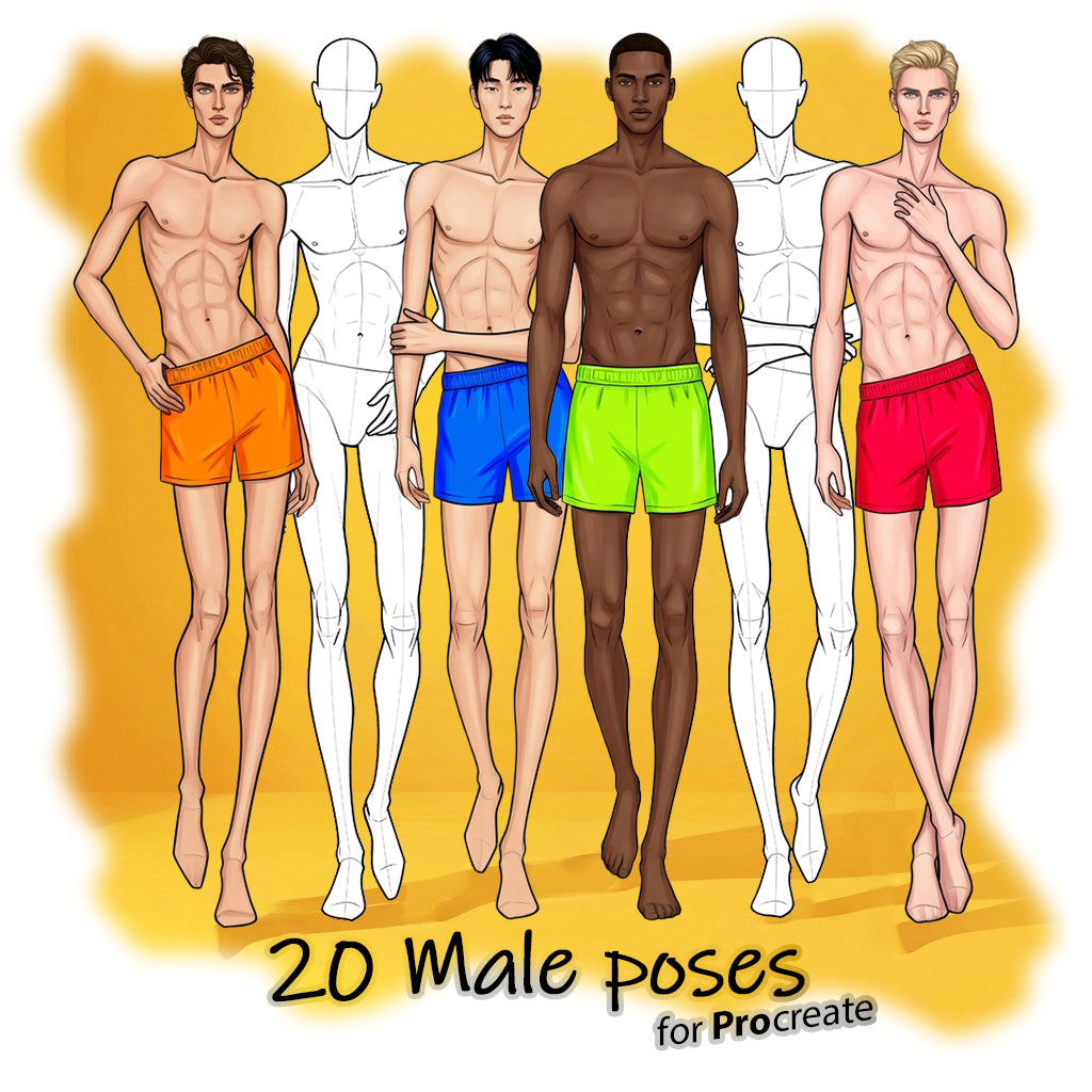 20 Procreate Male Fashion Walking Croquis Poses Stamps Brushes