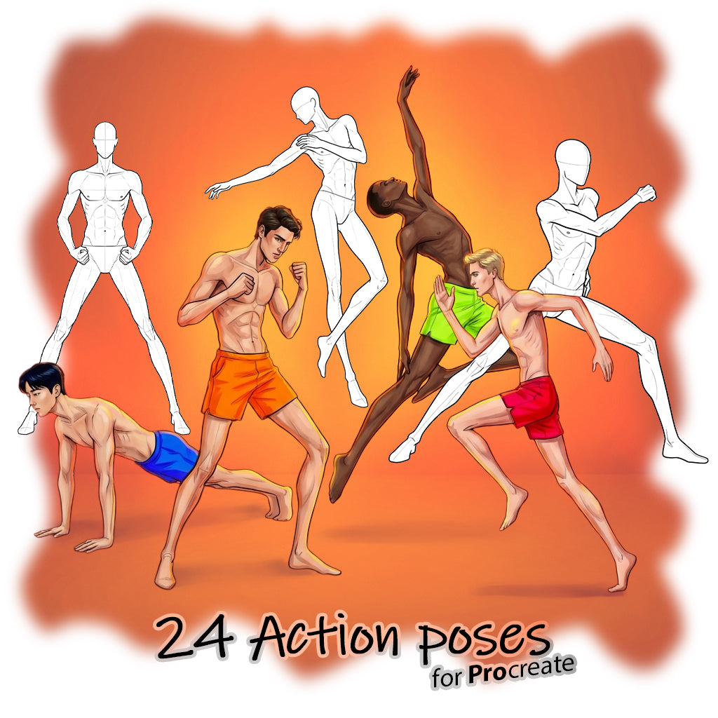 24 Procreate Male Fashion Action Croquis Poses Stamps Brushes