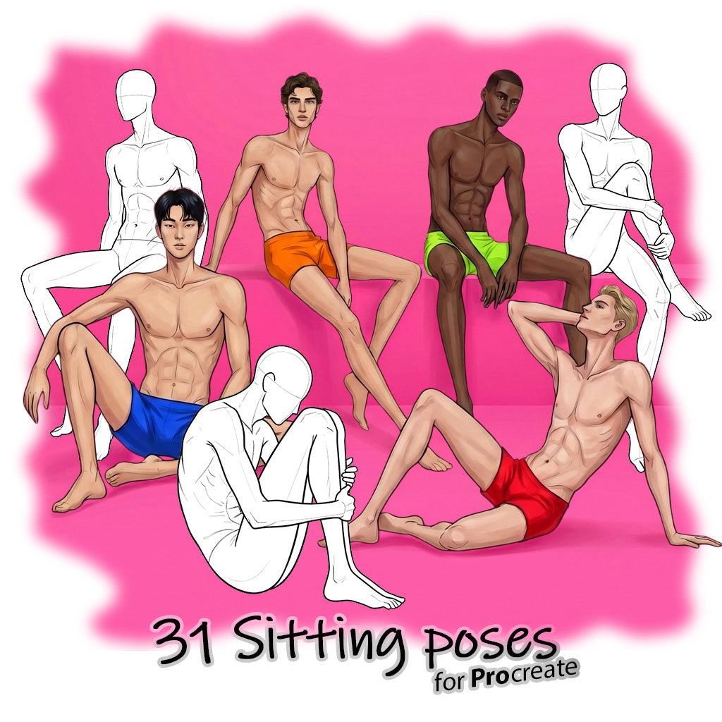 31 Procreate Male Fashion Sitting Croquis Poses Stamps Brushes