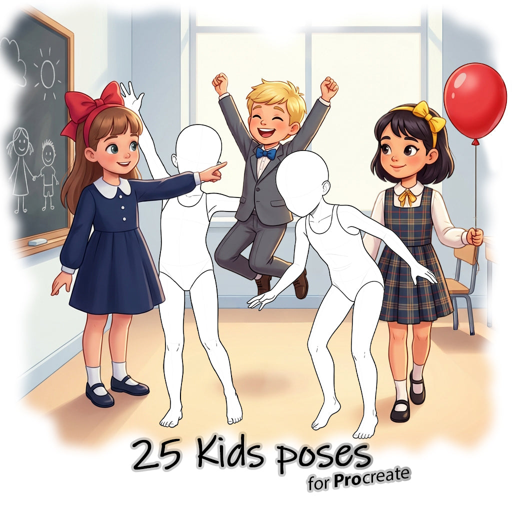 25 Procreate Kids Croquis Poses Part-1 Stamps Brushes