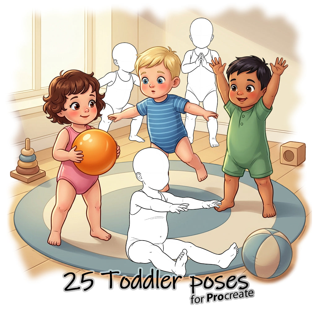25 Procreate Toddler wearing Onesie Croquis Poses Stamps Brushes